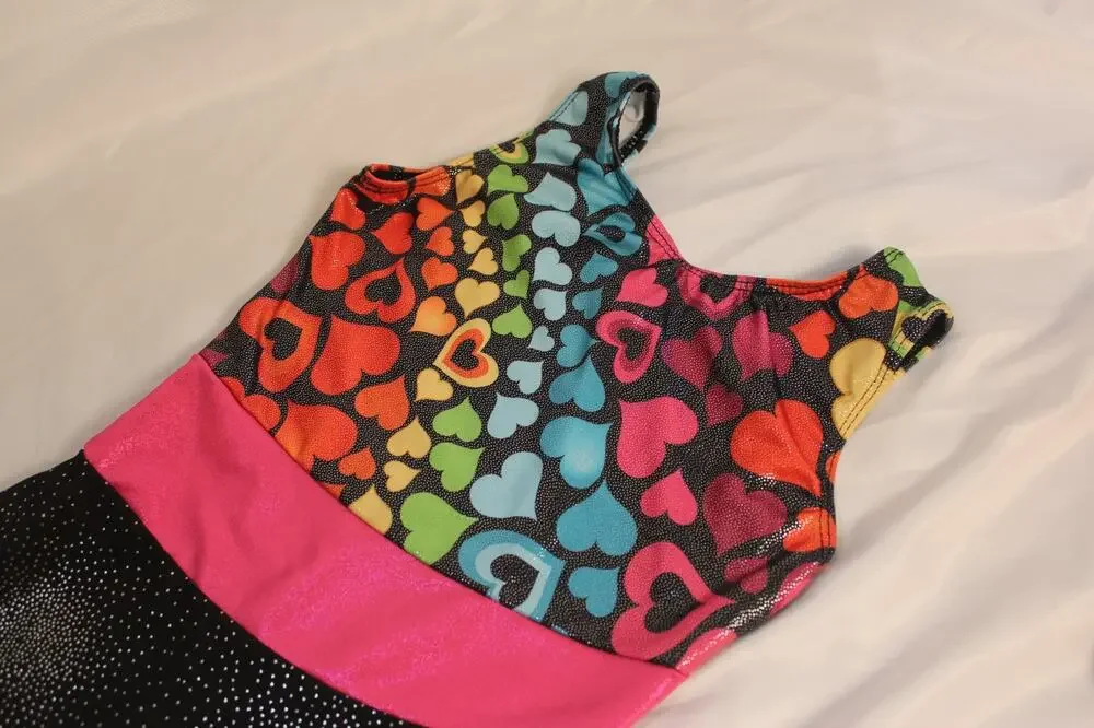Kids Girls Gymnastics Leotard Unitard Bikershorts Rainbow Hearts Black Sparkle 7